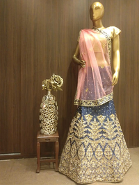 Deep Blue Semi-Stitched Silk Embellished Lehenga with Pastel Pink Dupatta