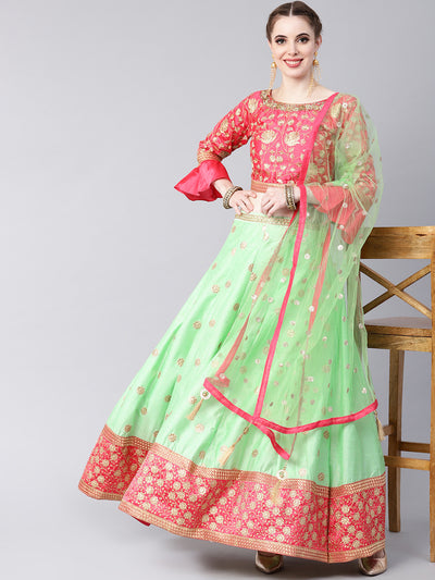 Chhabra 555 Made-to-Measure Lehenga Set with Zari Embroidery, Sequinned Dupatta and Bell sleeves crop top
