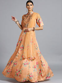 Chhabra 555 Made-to-Measure Peach Floral Print Gown with Embellished neckline and dupatta