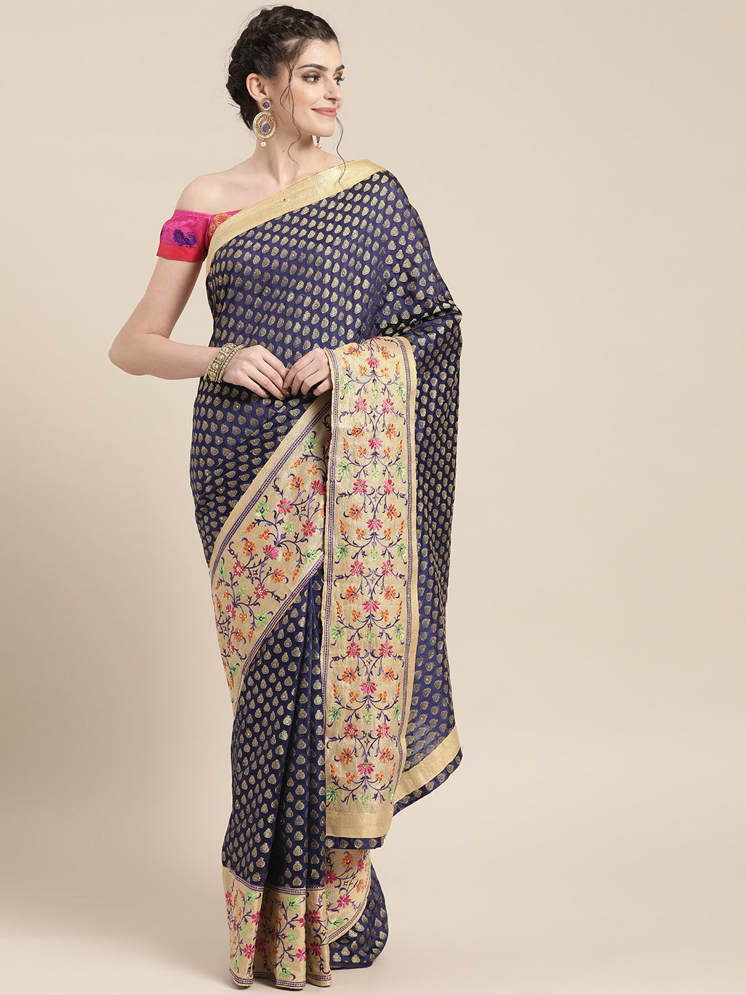 Chhabra 555 Chanderi Banarasi Silk saree with Buti Zari weave and broad multicolor threadwork border