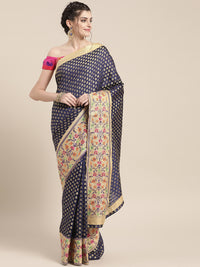 Chhabra 555 Chanderi Banarasi Silk saree with Buti Zari weave and broad multicolor threadwork border