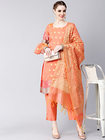 Chhabra 555 Peach Banarasi Handloom Dress Material with Zari Resham Weaving and Tassled dupatta