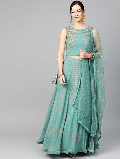 Chhabra 555 Made-to-Measure Crop Top Set with Sequin and Cut-dana embroidery and foil print lehenga