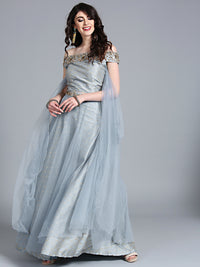 Chhabra 555 Silk Net Made-to-Measure Lehenga with off shoulder blouse, Foil Print and bell sleeves