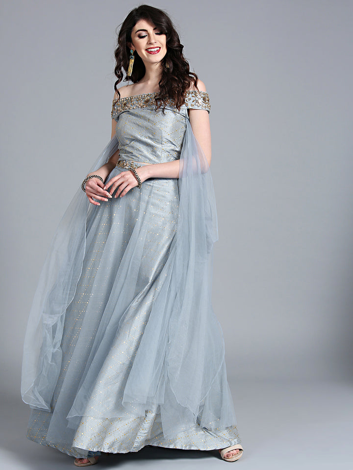 Chhabra 555 Silk Net Made-to-Measure Lehenga with off shoulder blouse, Foil Print and bell sleeves