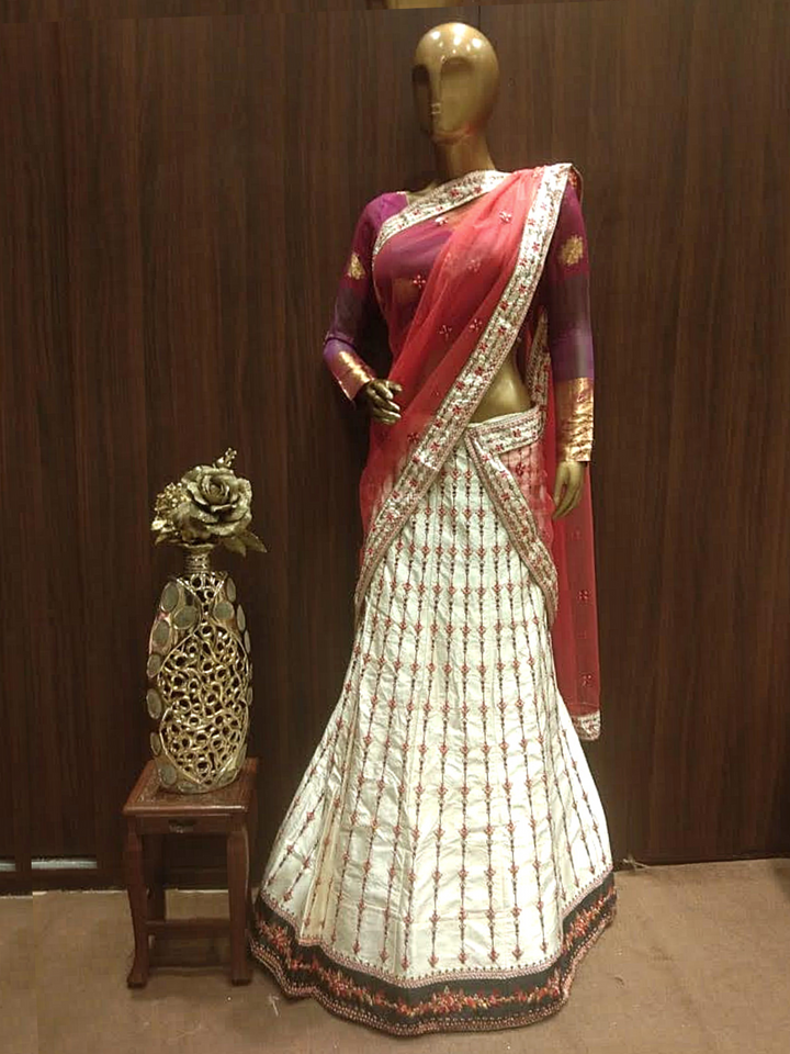 Cream Semi-Stitched Lehenga with Contrast Lehenga & Dupatta Border Embroidery