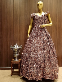 Metallic Brown Embellished Net Gown with Ruffled sleeves & Hand Sequence Embroidery