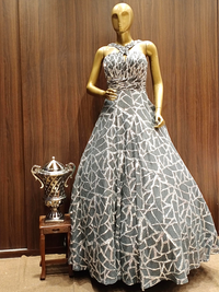 Grey Flared Sequence Gown With Geometrical Sequence Embellishments