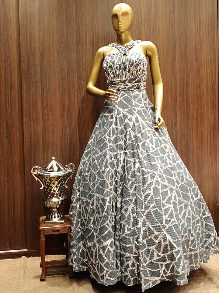 Grey Flared Sequence Gown With Geometrical Sequence Embellishments