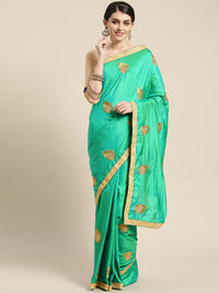 Chhabra 555 French SIlk Embroidered Saree with Golden Zari border and crystal embellishments