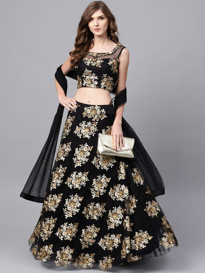 Chhabra 555 Made-to-Measure Black Crop Top Lehenga Set with Zari Sequin Embroidery in floral pattern