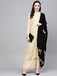 Chhabra 555 Cream and Black Cotton Kurta Set With Palazzo and Resham Embroidered Dupatta