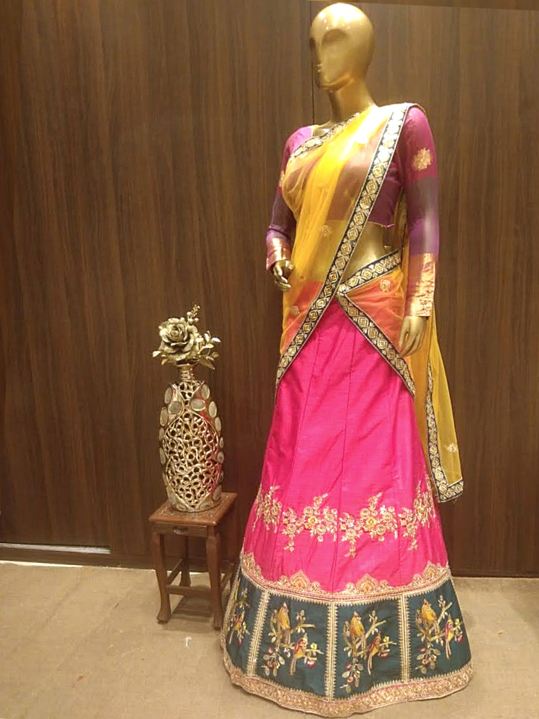 Fushcia Semi-Stitched Lehenga with Contrast Dupatta & Blouse With Placement  Embroidery