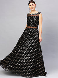 Chhabra 555 Made to Measure Floor length Black Cocktail Gown with Sequin embroidery in black and gold