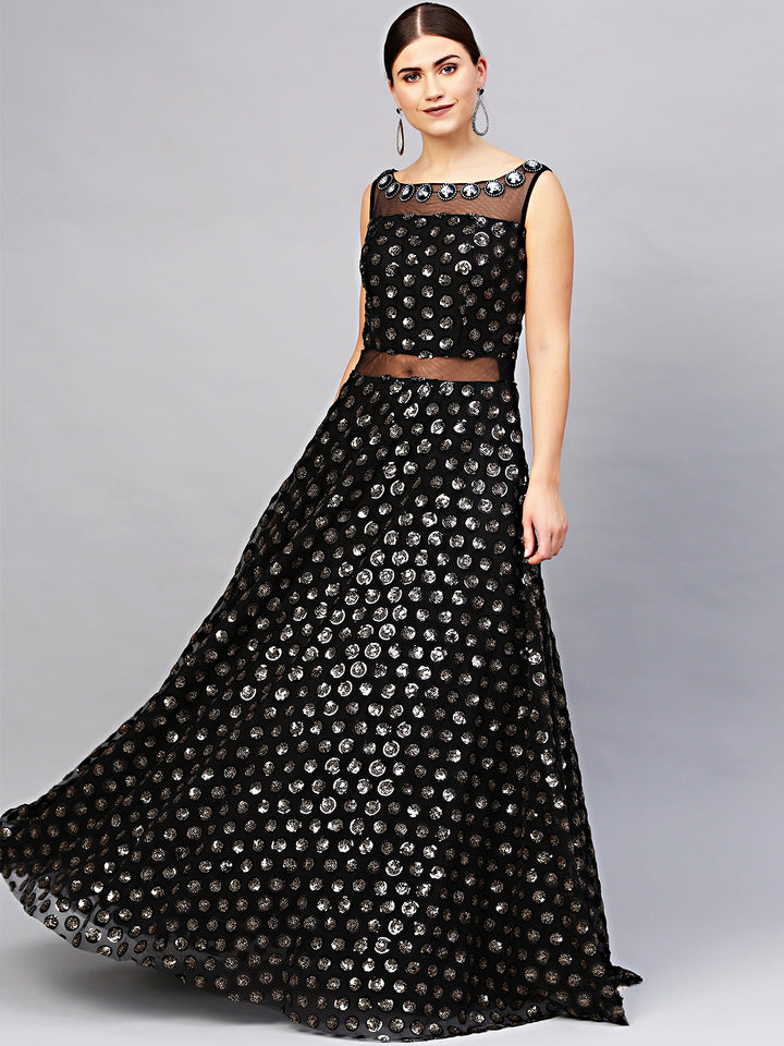 Chhabra 555 Made to Measure Floor length Black Cocktail Gown with Sequin embroidery in black and gold