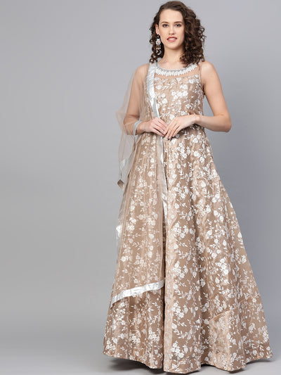 Chhabra 555 Made-to-Measure Cocktail Gown with Pearl Crystal embroidered neckline and floral foil print and dupatta