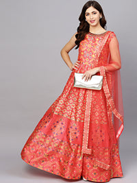 Chhabra 555 Coral Anarkali Kurta Gown with Crystal Embellishments and Digital Print tribal pattern