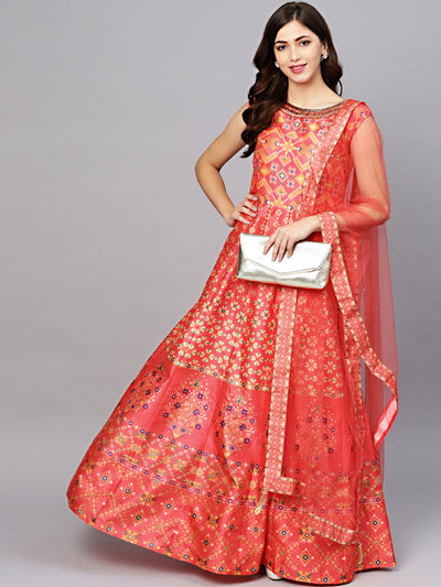 Chhabra 555 Coral Anarkali Kurta Gown with Crystal Embellishments and Digital Print tribal pattern