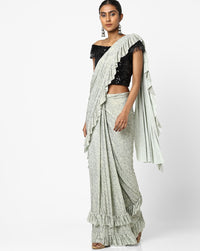 Made to Measure Dusty Green Ruffled Self Embossed Saree & Black Sequence Off Shoulder Embellished Blouse