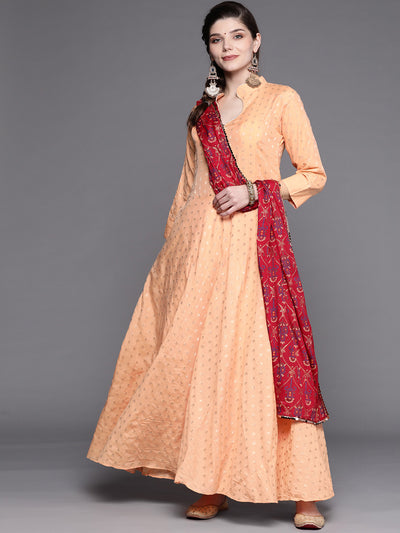 Chhabra 555 Peach Banarasi Weaving Anarkali Suit With Contrast Bandhej Foil Dupatta & Gold Buttons 