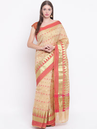 Traditional Beige Handloom Chanderi Saree with Red and Gold Woven Design