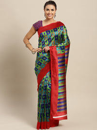 Chhabra 555 Green Blue Bhagalpuri Printed Art Silk Saree wih Abstract pattern