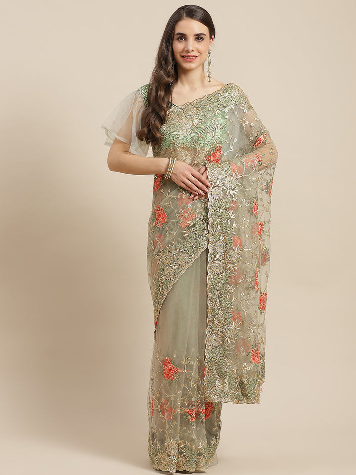 Chhabra 555 Olive Green Net Floral  Gold Zari & Resham Embroidery Saree, Stone Work & Cutwork Border

Color: Olive Green

Type: NA Sarees

Pattern: Embroidered

Pattern Type: Floral

Ornamentation: Zari

Border: Embroidered

Fabric: Net

Saree length: 5.50 mtr., Width: 1.10 mtr, Blouse length: 0.70 mtr
Dry Clean

The CAD image gives a detailed look of the actual blouse piece that comes with this saree. The blouse used by the model in the pictures is only for styling purpose.