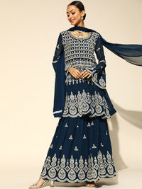 Chhabra 555 Georgette Ari Embroidery Lehanga Set With Peplum Style Kurta and scalloped hemline