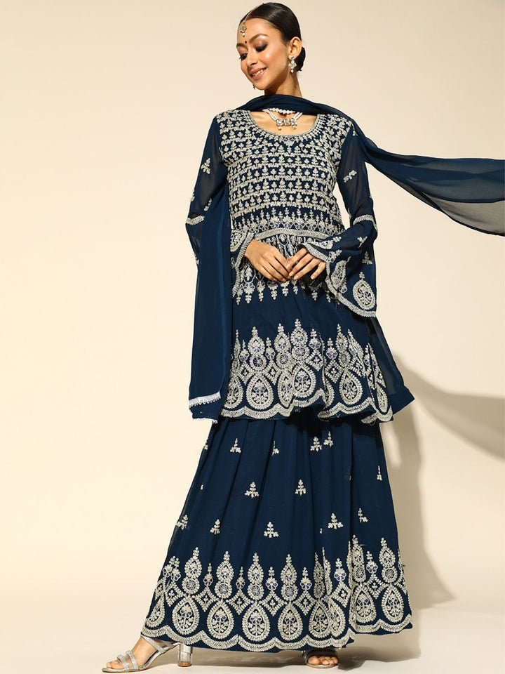 Chhabra 555 Georgette Ari Embroidery Lehanga Set With Peplum Style Kurta and scalloped hemline