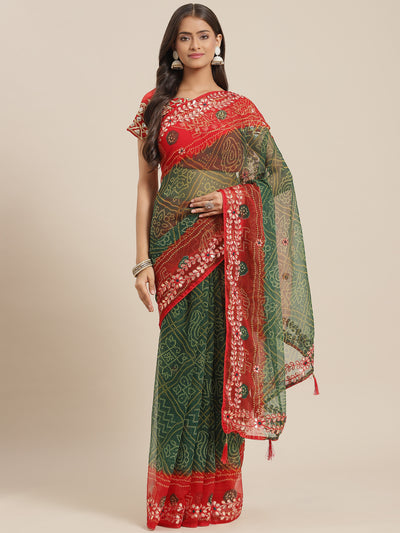 Chhabra 555 Green Red Jaipuri Traditonal Bandhej Print Georgette Saree With Gota-Patti Embroidery