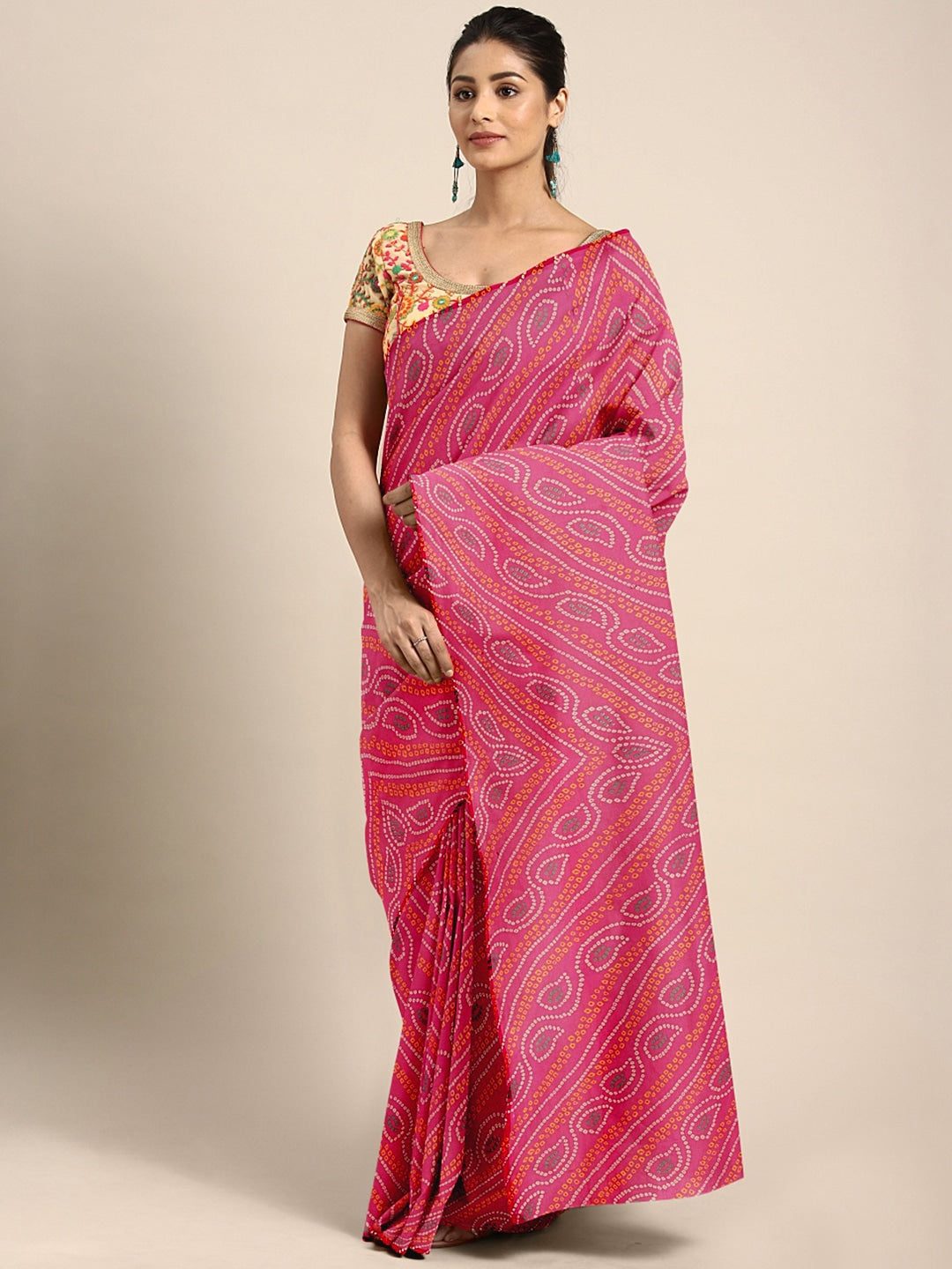 Chhabra 555 Pink Jaipuri Tie & Dye Bandhej Printed Traditional Chiffon Saree