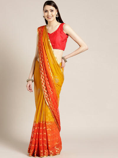 Chhabra 555 Yellow Orange Ombre Hand-dyed saree in Khaddi Georgette with Mukaish inspired Gold print Pattern