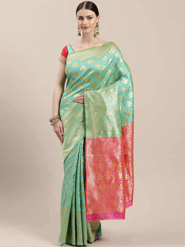 Teal Pink Kanjiwaram Silk Saree