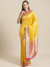 Banarasi Silk Blend Embossed Handloom Saree with Paisley Weaving & Contrast Border,Pallu