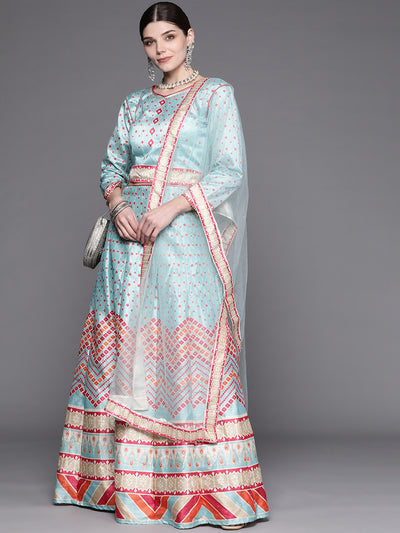 Chhabra555 Made to Measure Ice Blue Geometric Print Silk Crop-Top Skirt Set with Embellished dupatta
