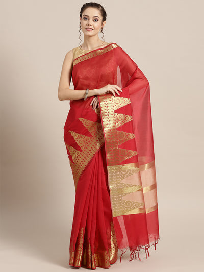 Chhabra 555 Red Banarasi Handloom Silk Saree with Gold Temple pattern and Paisley border