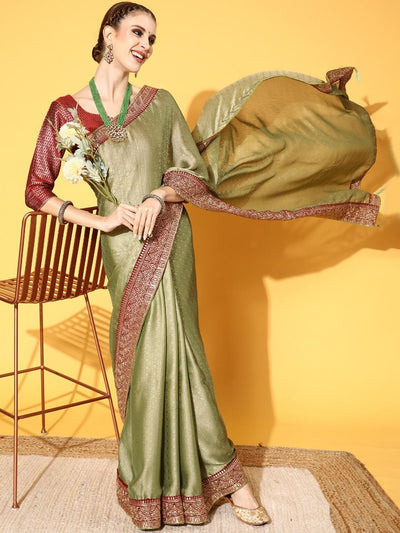 Chhabra 555 Mehendi Green Brasso Self Design Saree With Geometrical Weaves & Zari Embroidery Border
