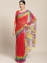 Chiffon Bandhani Saree with Jaipur Leheriya Multicolor Print and Zari Gold Border
