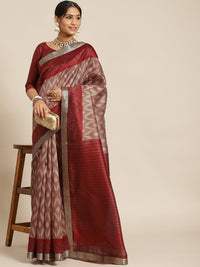 Chhabra 555 Maroon Ikat Inspired Printed Bhagalpuri Silk Blend Saree & Oxidised Zari Border