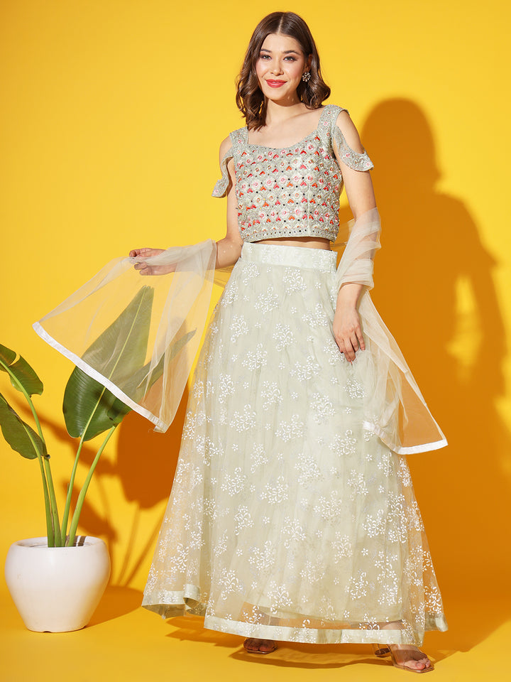 Chhabra 555 Resham Mirror Embroidered Cold-shoulder blouse with Foil print Lehenga & Net Dupatta 