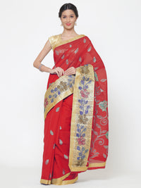 Chanderi Red Silk saree with Resham and zari embroidery to make beautiful tulip motifs