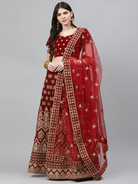 Maroon Velvet Bridal Semi-Stitched Lehenga Set with Gold Zardozi Embroidery & Crystals
