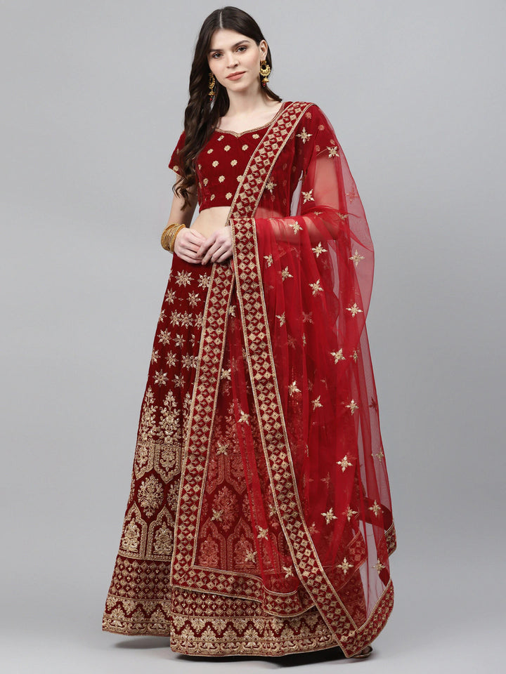 Maroon Velvet Bridal Semi-Stitched Lehenga Set with Gold Zardozi Embroidery & Crystals