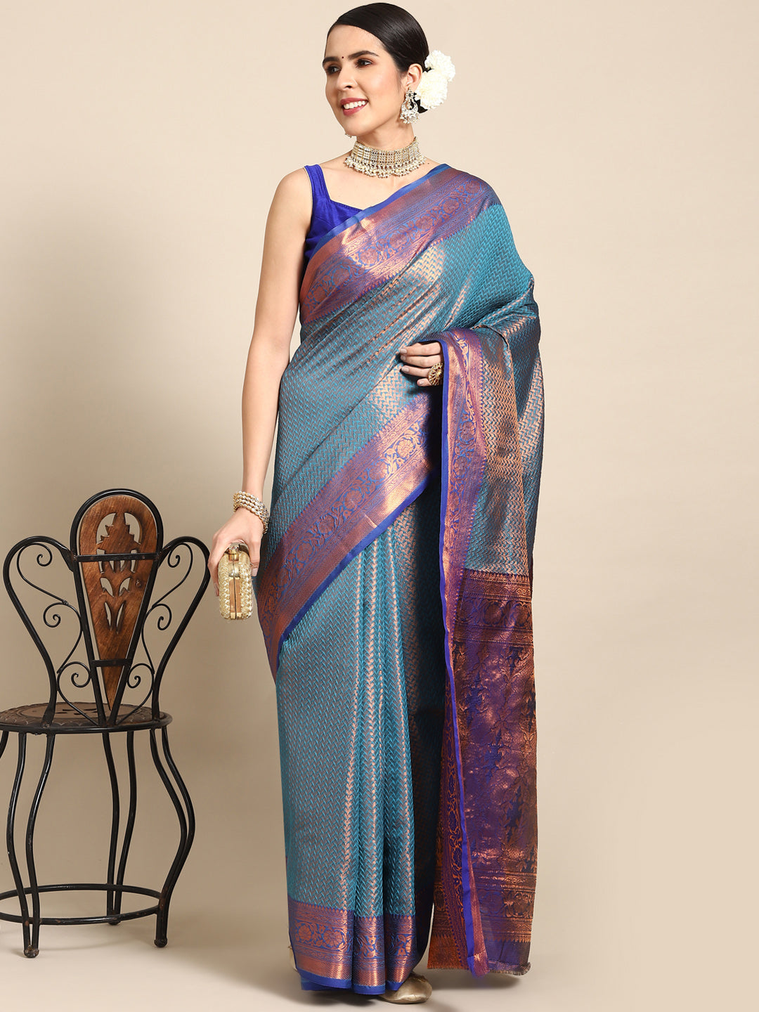 Chhabra 555 Teal Blue Kanjeevaram Oxidised Copper Zari Silk Saree With Contrast Rich Pallu, Border 