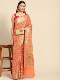 Chhabra 555 Orange Rust Banarasi Floral Resham & Zari Woven Soft Silk Saree With traditional Motifs 