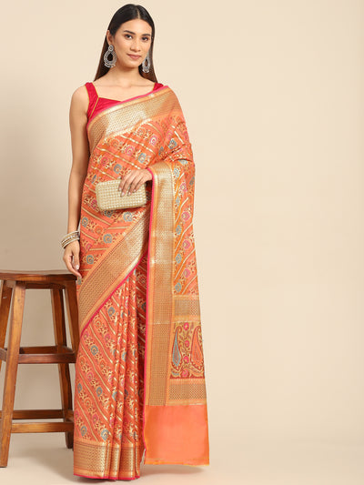Chhabra 555 Orange Rust Banarasi Floral Resham & Zari Woven Soft Silk Saree With traditional Motifs 
