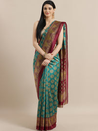 Chhabra 555 Teal Bhagalpuri Silk Digital Printed Saree with Ethnic Peacocks and Mughal Wine Border