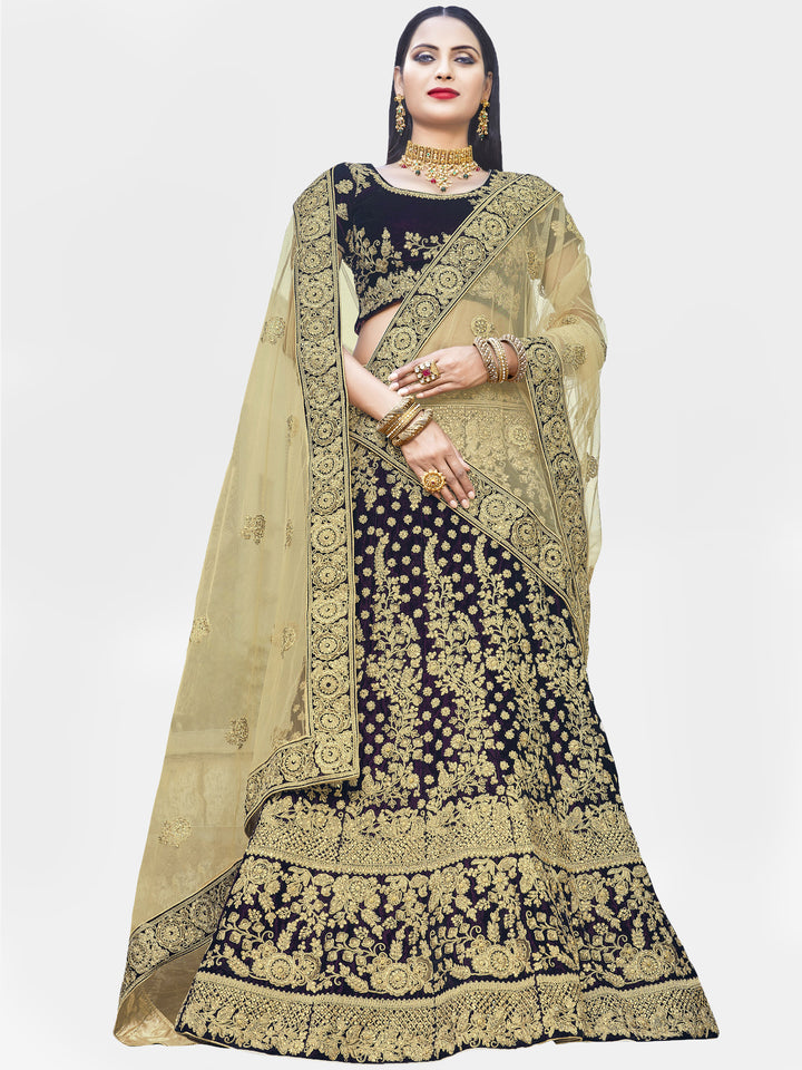 Maroon Velvet Heavy Zari Embroidery Semi Stitched Lehenga Choli with Gold Dupatta