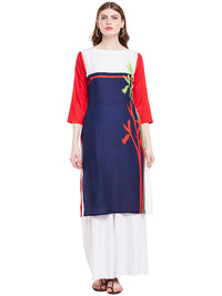 Blue & Red Cotton Casual Straight Readymade Kurti