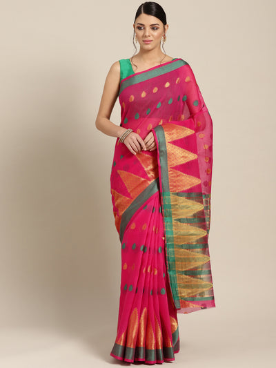 Chhabra 555 Pink Chanderi Silk saree with Zari and Resham weaving in a traditional temple pattern
